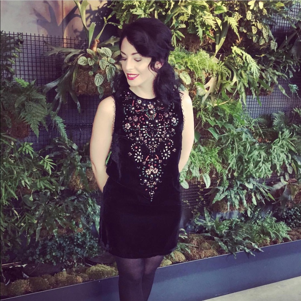Dark navy velvet embellished mini dress